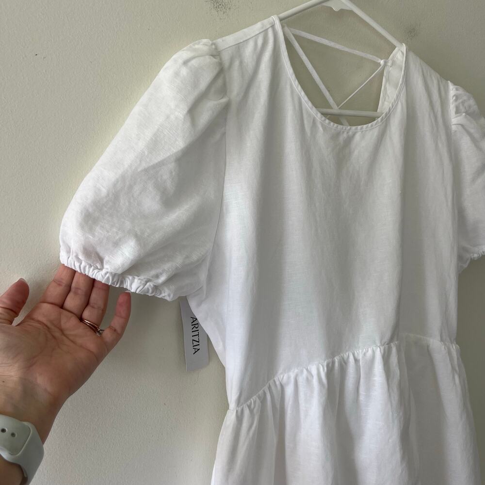 Aritzia Sunday Best NWT Saida White Puff Sleeve Back Tie Mini Dress Size Large - Picture 14 of 14